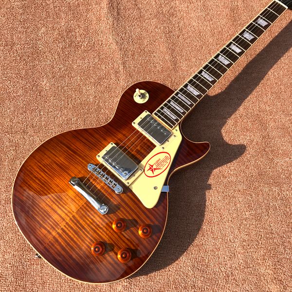 

custom shop, flame maple lp standard electric guitar, one piece of body neck, tune-o-matic bridge, rosewood binding, i