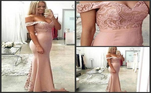 

2019 new blush pink mermaid bridesmaid dresses off shoulder cap sleeves lace backless long floor length evening gowns1862316, White;pink