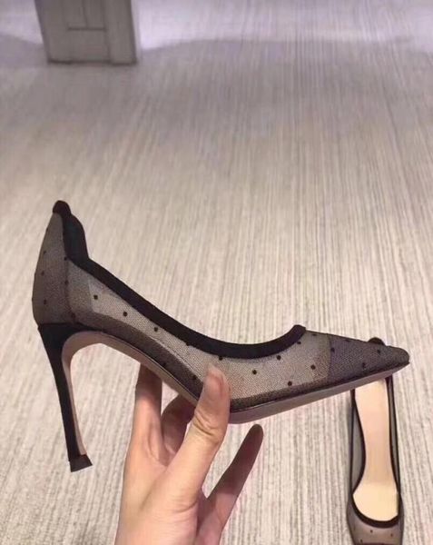 

2020050105 40 7cm see through dot black genuine leather heels ladies nude fashion1984005