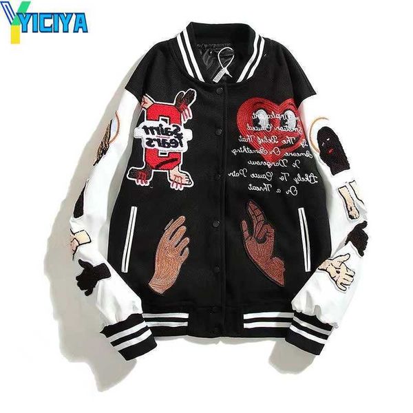 

yiciya pilot bomber jackets for men sports baseball collar leather sleeve streetwear stiched hip hop varsity letterman outerwear fit cargo, Black;brown