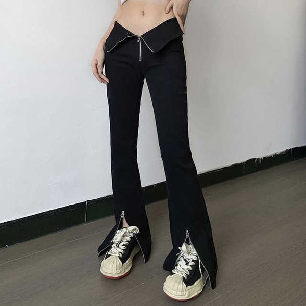 

fashion black women jeans spring 2023 high waisted skinny zipper split chic jeans streetwear full length flare jeans, Blue