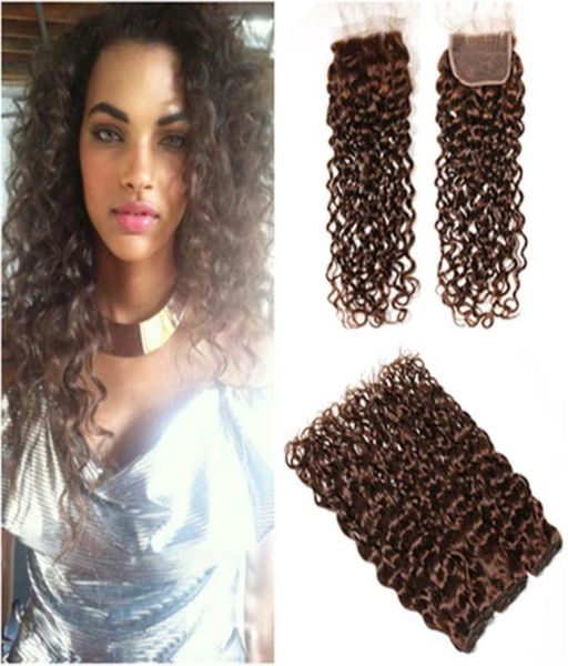 

4 dark brown wet and wavy human hair lace clsoure 4x4 with bundles chocolate brown water wave brazilian human hair weaves with cl2587574, Black;brown