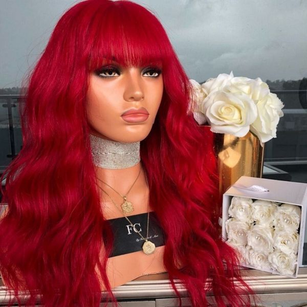

long wavy wigs neat bangs synthetic hair wig woodfestival female cosplay women red, Black