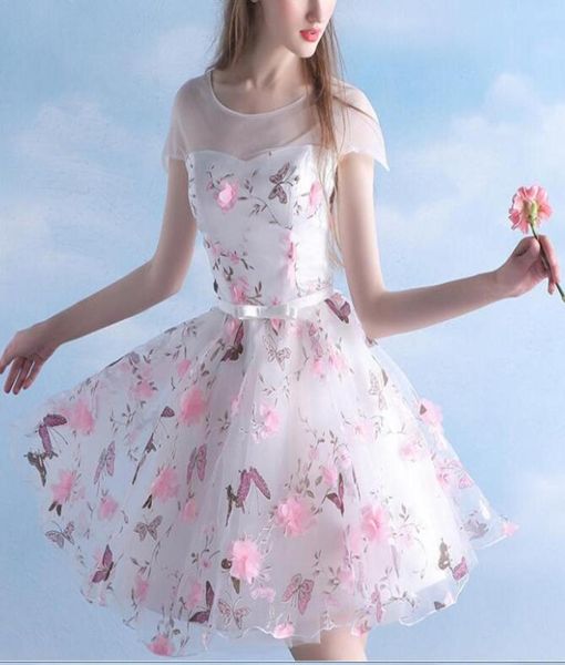 

short homecoming dresses pink flower butterfly printed cap sleeve girls short prom dress party gown vestido curto custom size617358066519, Blue;pink