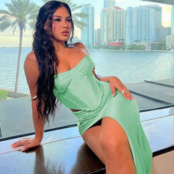 

two piece sets womens outifits sleeveless strapless slim camis crop high waisted split folds long skirt set, White