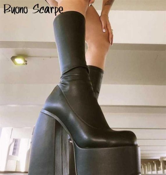 

punk style platform boots elastic microfiber shoes woman spice ankle boots high heels black thick platform long knee high boots y05480081