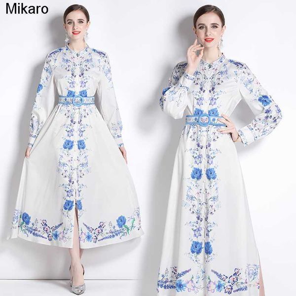 

mikaro long sleeve retro floral designer dress with belt women single created elegant print long robe party dinner ladies mock neck slim a-l, Black;gray