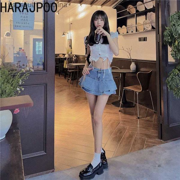 

skirts harajpoo ruffle edge denim half skirt 2023 summer women harajuku fitting high waist fishtail short slim a-line pleated skirts l230522, Black