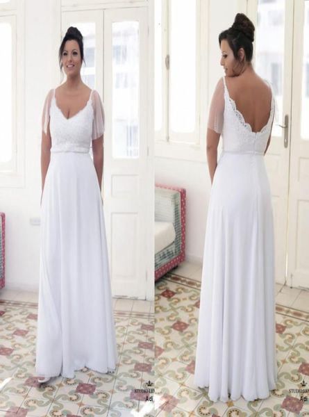 

2022 romantic designer plus size wedding dress chiffon v neck with sheer short sleeves beaded long floor length bridal gowns5379484, White