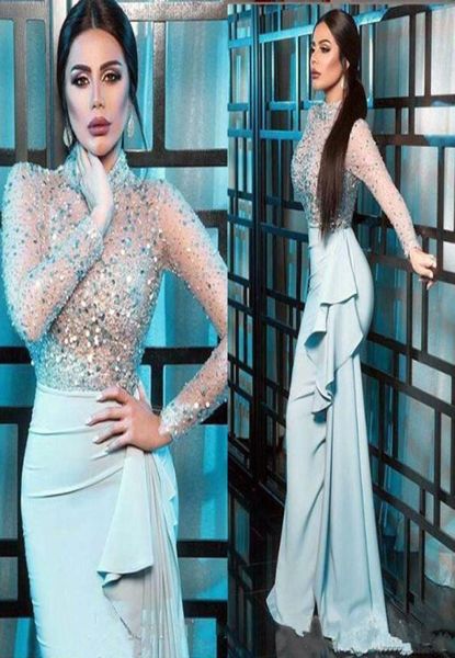 

luxury beaded sequins prom dresses high collar sheer long sleeves pageant party gowns ruffles mermaid dresses for evening6096248, Black