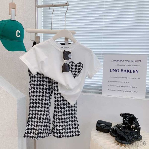 

clothing sets kids clothes summer girls t-shirt bell bottoms plaid pants school girl outfit sports suit 2pcs 3-7y, White