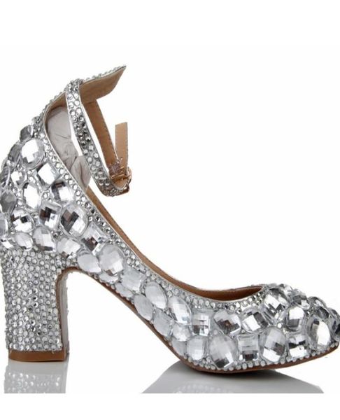 

silver rhinestone wedding shoes chunky heel closed toe prom party shoes genuine leather ankle straps handmade bridal shoes8019788, Black