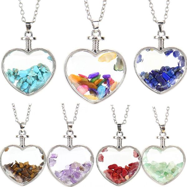 

colorful natural crushed stone wishing bottle pendant necklace for women girls silver color heart-shaped pendant necklace gifts