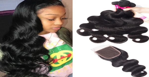 

8a brazilian human hair bundles with 4x4 closure body wave straight unprocessed brazilian peruvian malaysian virgin hair with lace3410640, Black