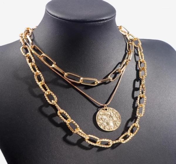 

chains flatfoosie vintage multilayer portrait coin pendant necklace for women gold color metal link chain bohemia jewelry1214631, Silver