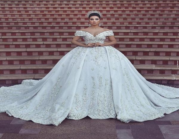 

dubai arabic luxury lace ball gown wedding dresses off shoulder 3d flowers chapel train plus size wedding dress bridal gowns robe 2491623, White