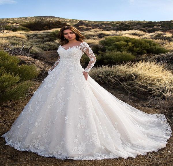 

2019 long sleeve lace wedding dresses v neck backless bridal formal gown elegant wedding dress for bride1572496, White
