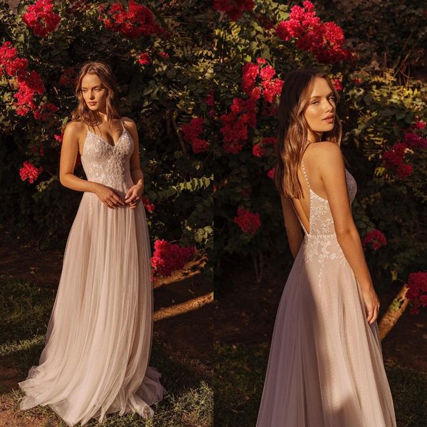 

2023 beach tulle wedding dresses spaghetti neck lace appliqued sleeveless bridal gown sweep train robe de mariee, White