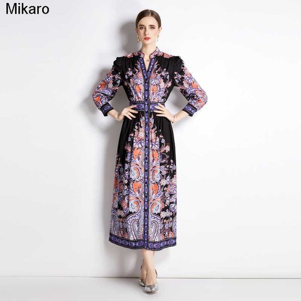 

mikaro retro floral maxi dress long sleeve v-neck vacation women designer dresses spring autumn ladies high waist slim a-line frocks birthda, Black;gray