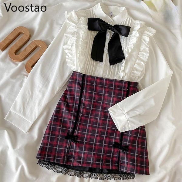 

dress spring autumn korean sweet lolita style skirt sets women vintage ruffles blouse shirts plaid bow slit skirts suit girly 2pc set, White