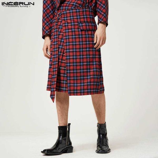 

men's pants incerun men skirts plaid loose vintage streetwear casual irregular skirts 2023 personality leisure men bottoms trousers s-5, Black