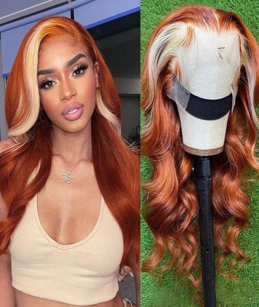 

30 inch ginger brazilian wigs highlight 613 honey blonde body wave hd lace frontal transparent lace front wig synthetic hair for w6686370, Black;brown