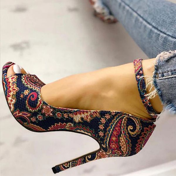 

2023 summer new large national print open toe buckle super high heel sandals women zapatos de verano mujer chaussure femme t, Black