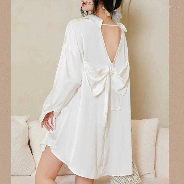 

nsjt women's blouses fashion loose casual nightwear blouse women solid button pajamas shirts single-breasted chic nightdress 21927, White