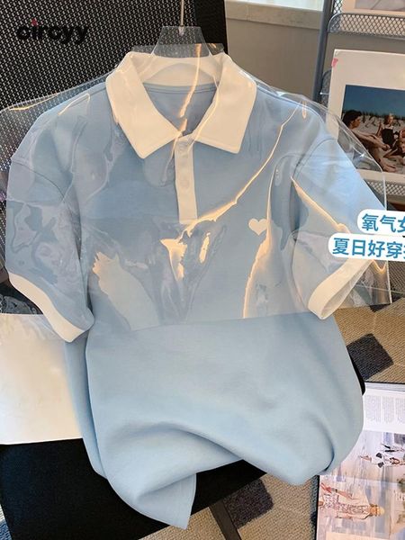 

polos circyy women tshirts blue embroidery heart panelled summer short sleeve simple loose 2022 fashion clothing turndown collar, White