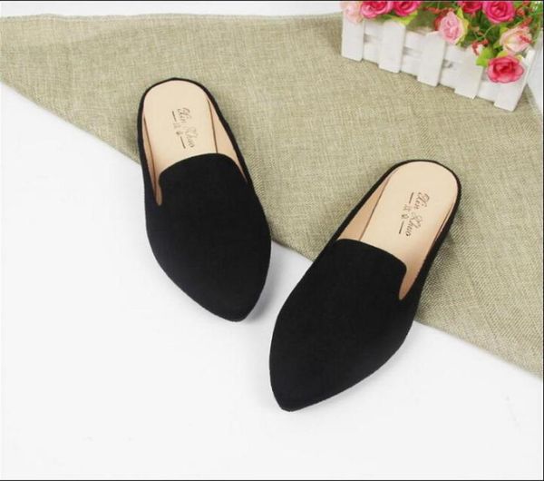 

summer autumn pointed toe flat woman slippers slip on half shoes loafers mules flip flops plus size 31443418001, Black