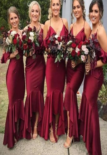 

2019 dark red bridesmaid dresses high low spaghetti straps vneck tea length mermaid wedding party gowns fashion boho maid of hono7853459, White;pink