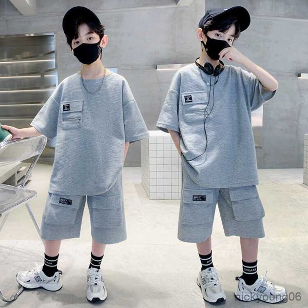 

clothing sets teen boys summer short sleeve tshirtandshorts 2pcs new cool kids casual solid color loose sport outfits 5-14yrs, White