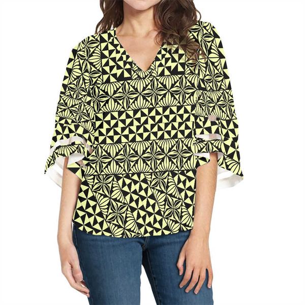

clothing polynesian tribal samoan island style shirts blue tapa flower print custom half elbow sleeve plus size women's clothing lzc, White