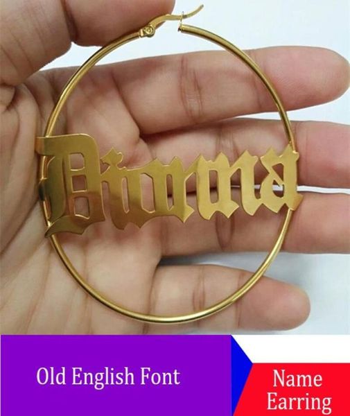 

custom old english name earrings stainless steel personalized hoop women jewelry large huggie8831040, Golden;silver