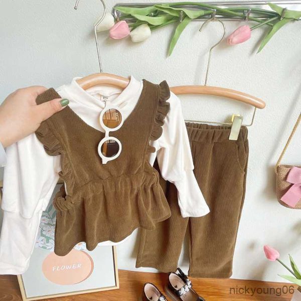 

clothing sets girls autumn spring long sleeve t-shirt andwaistcoatandpants fashion kids suits 3-7y, White