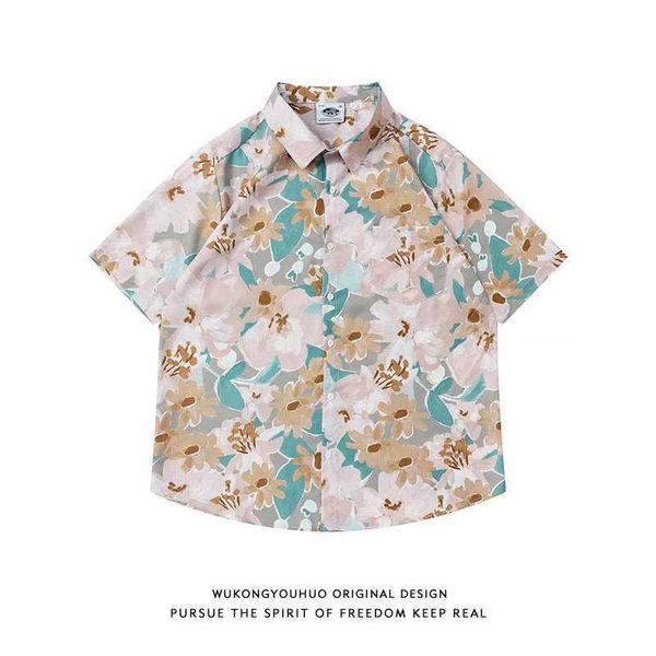 

vintage cuban collar oil printed shirt men's and women's fashion loose hawaiian shortsleeved shirt izg, White;black