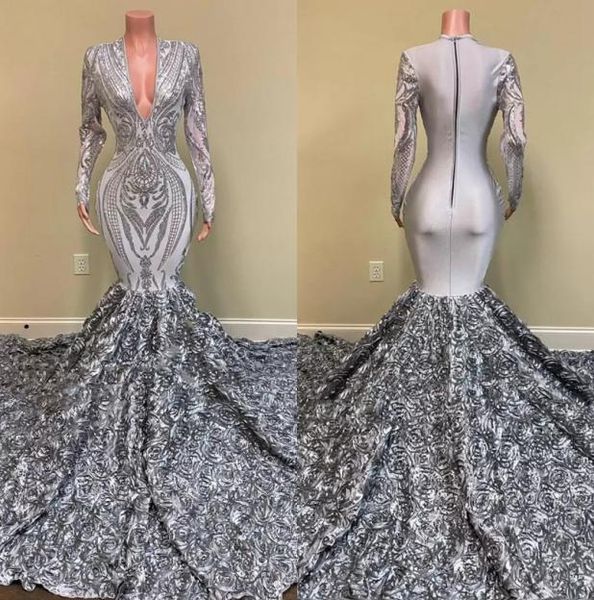 

silver african girls long prom dresses 2022 mermaid v neck full sleeve 3d flowers train women formal party evening gown c04081570607, Black