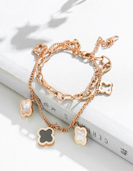 

luxury double layered hollowed clover charm bracelet lucky stainless stee four leaf jewelry6019350, Golden;silver
