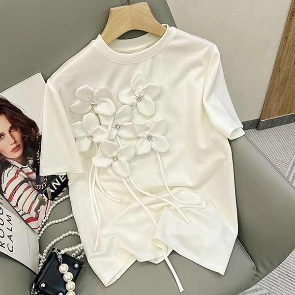

t-shirt exquisite rhinestone tassel 3d flowers shortsleeved tshirt women 2022 summer new loose slimming casual oneck solid tshirt top, White
