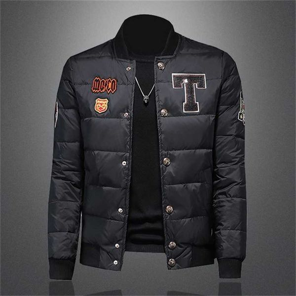 

handsome plus size casual men's down jacket flower graffiti ladies winter coat trend short shiny stand collar lightweight swdz, Black