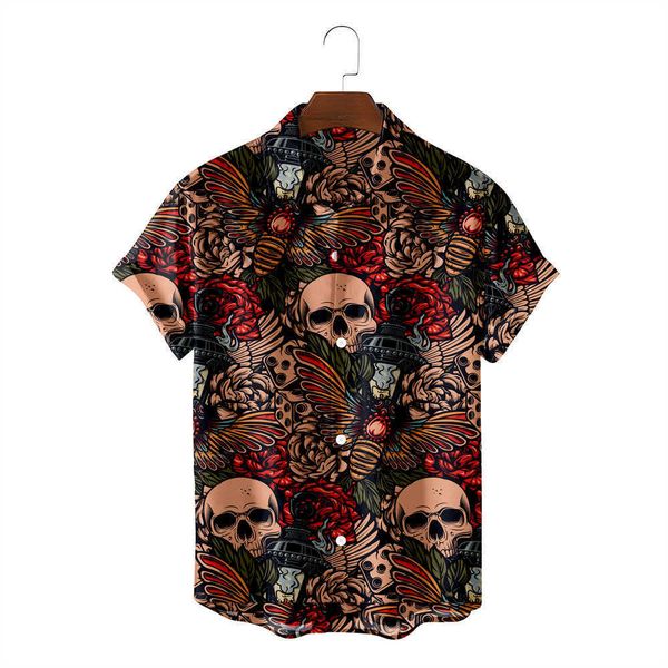

step into skull print hawaiian beach holiday short men's shirt shw, White;black
