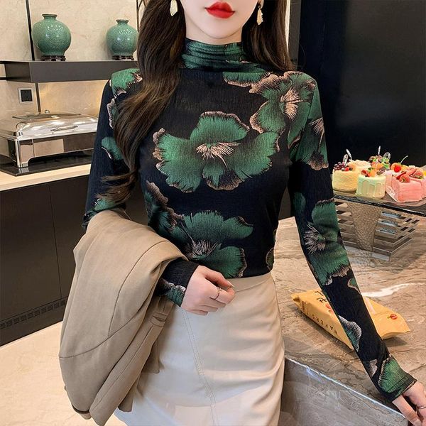 

t-shirt fall clothes long sleeve turtleneck retro printing tshirt women slim stretchy tee casual women clothing winter bottoming, White