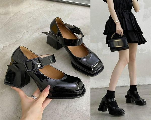 

women039s high heels mary janes with waterproof platform casual chunky heel pumps in retro style patent leather 2202265374516, Black