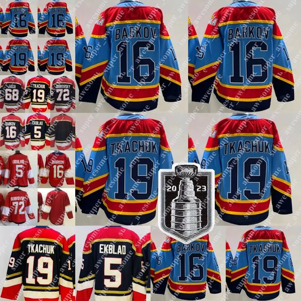 

2023 stanley cup final patch 16 aleksander barkov jersey 19 matthew tkachuk sergei bobrovsky aaron ekblad hockey jerseys light blue red navy, Black;red
