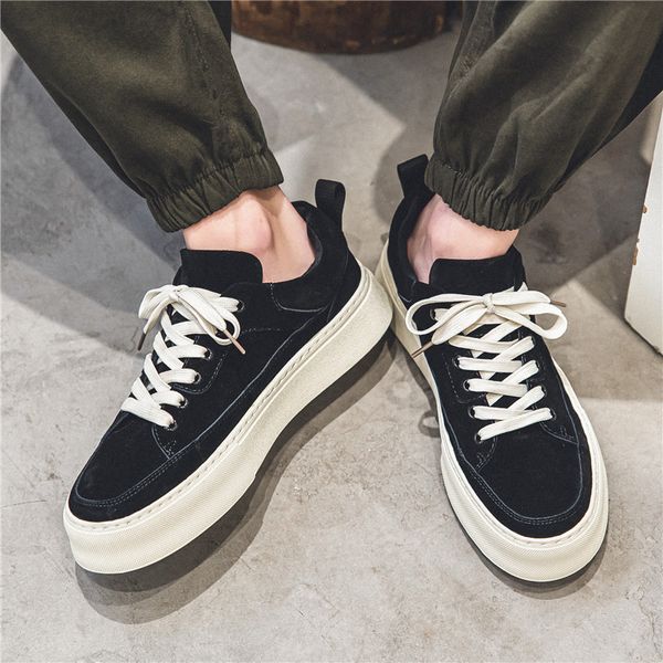 

spring autumn men thick platform canvas shoes mens casual sneakers lace up vulcanized shoes chunky trainers zapatillas hombre, Black