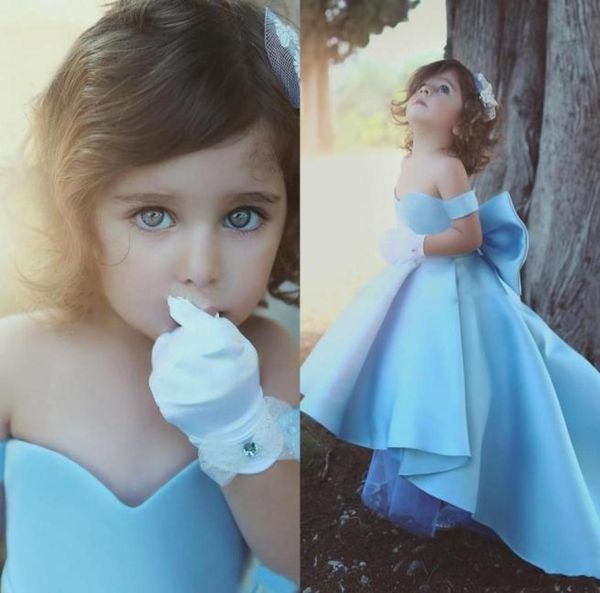 

2020 cute girls pageant dresses off shoulder sky blue cap sleeves bow satin high low princess party kids birthday girls flow5981729, White;red