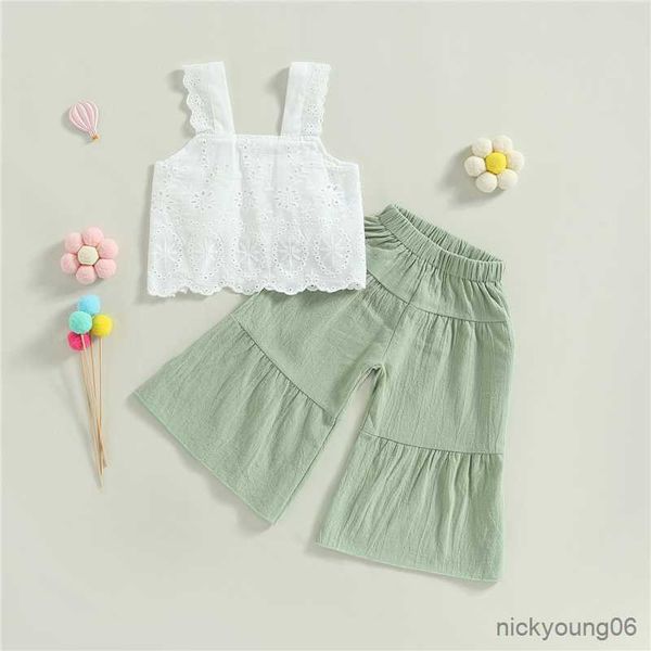 

clothing sets girls set solid color sleeveless tank and casual wide leg pants kids fashion children summer clothes outfits, White