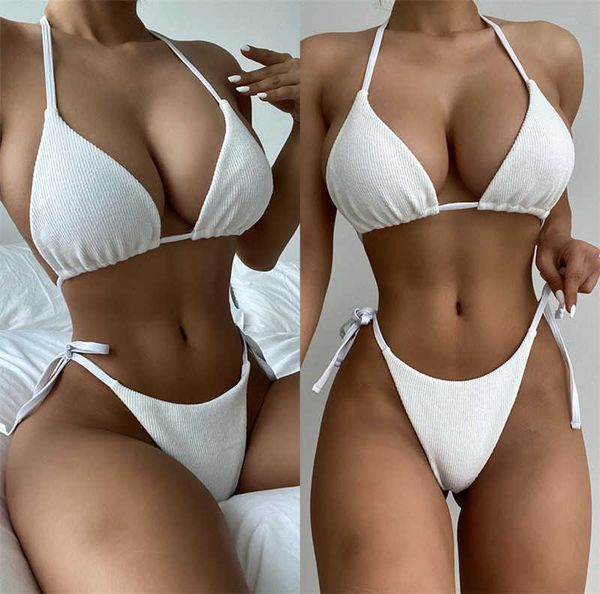 

new bikini solid color beach swimsuit triangular swimsuit women's split swimsuit strap, White;black