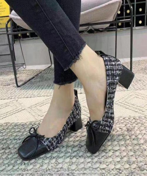 

2020022903y spring 55cm kitten heel black ivory genuine leather bow woolen tweet chunky heels shoes work6452490