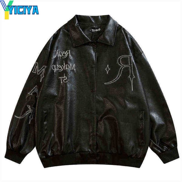 

yiciya 2022 hip hop leather jacket oversized streetwear letter star embroidery baseball jackets harajuku fashion korean bomber coat, Black;brown